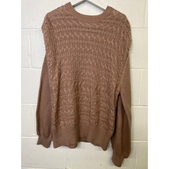 525 America Sz Xs 0/2 Tan Cable Knit Shoulder Pad Crewneck Pullover Sweater - Picture 3 of 5